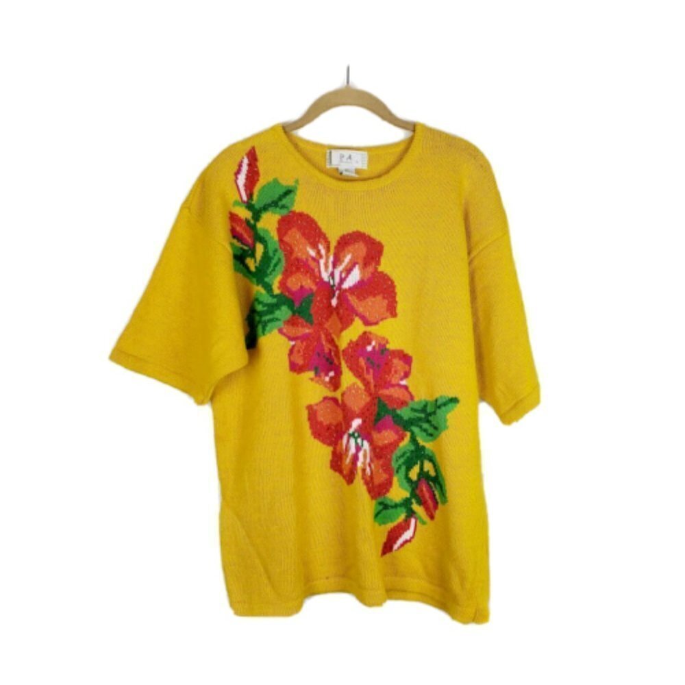 PA Int'l VTG 80s Mustard Ramie Cotton Kimono Sleeve Beaded Sweater Size XL